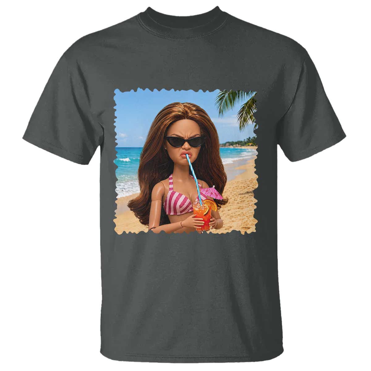 Funny Summer Doll Face Meme T Shirt Tropical Beach Party Graphic TS12 Dark Heather Print Your Wear