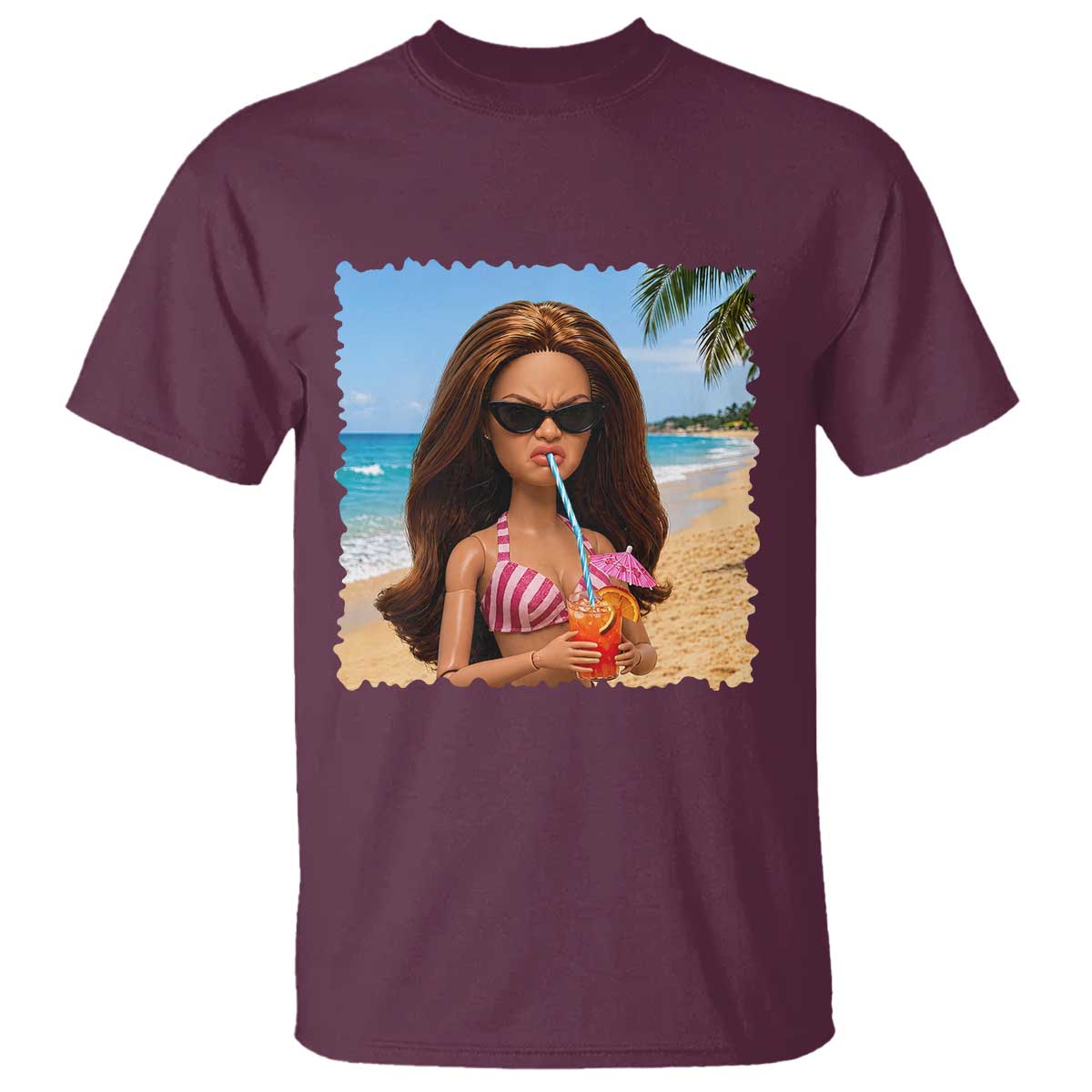 Funny Summer Doll Face Meme T Shirt Tropical Beach Party Graphic TS12 Maroon Print Your Wear