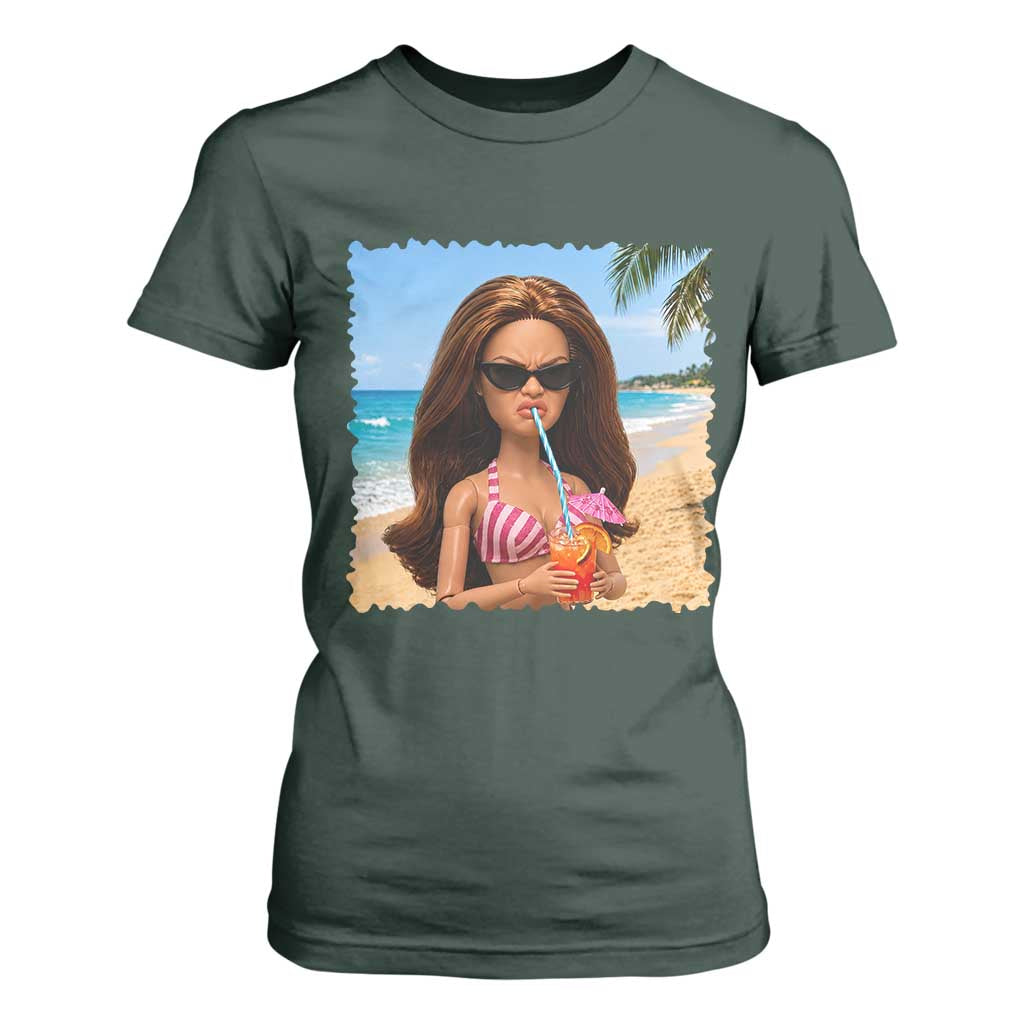 Funny Summer Doll Face Meme T Shirt For Women Tropical Beach Party Graphic TS12 Dark Forest Green Print Your Wear