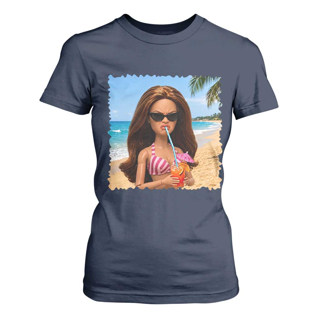 Funny Summer Doll Face Meme T Shirt For Women Tropical Beach Party Graphic TS12 Navy Print Your Wear