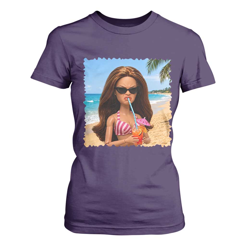 Funny Summer Doll Face Meme T Shirt For Women Tropical Beach Party Graphic TS12 Purple Print Your Wear