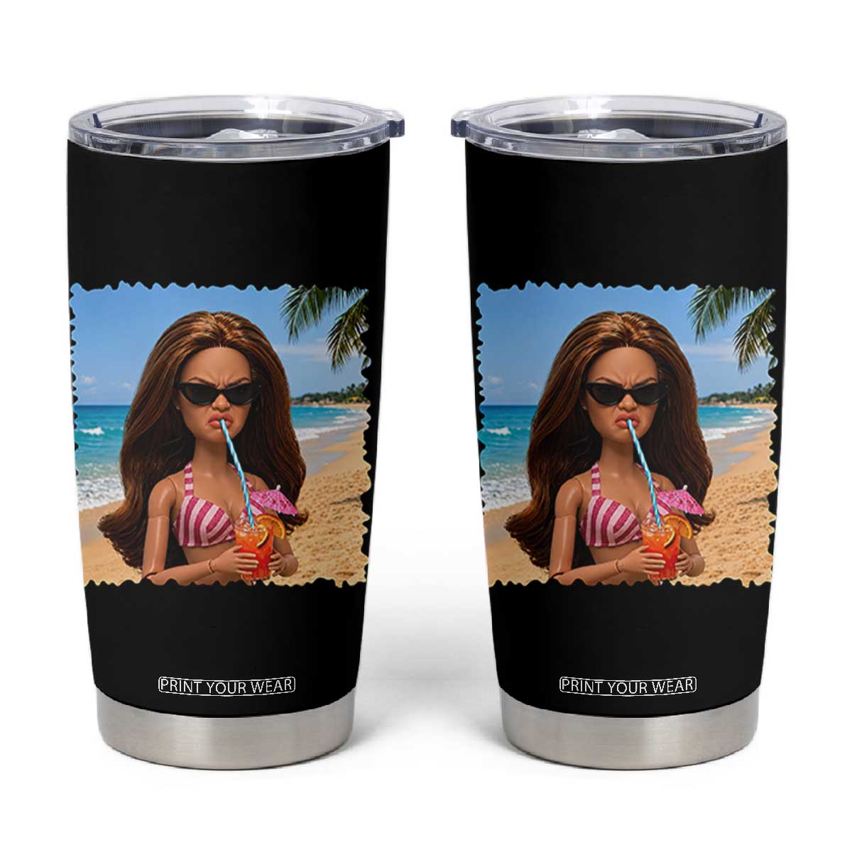 Funny Summer Doll Face Meme Tumbler Cup Tropical Beach Party Graphic TS12 Black Print Your Wear