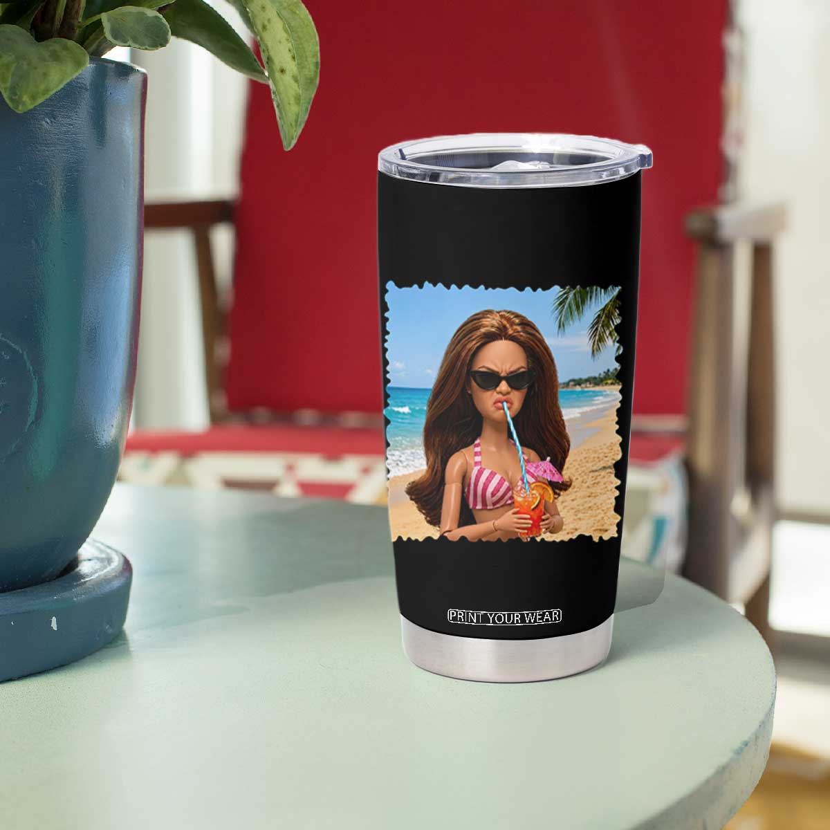 Funny Summer Doll Face Meme Tumbler Cup Tropical Beach Party Graphic TS12 Print Your Wear