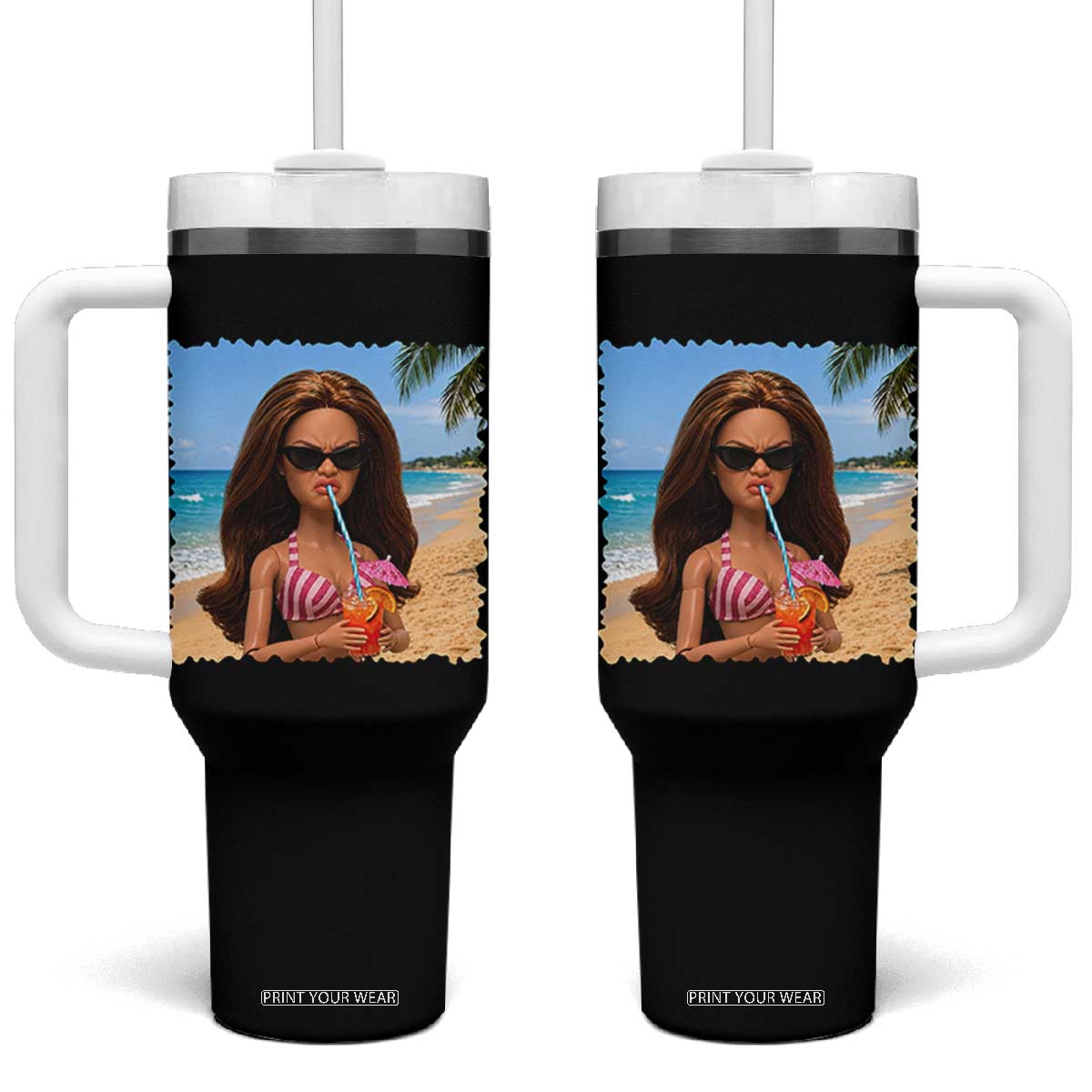 Funny Summer Doll Face Meme Tumbler With Handle Tropical Beach Party Graphic TS12 One Size: 40 oz Black Print Your Wear