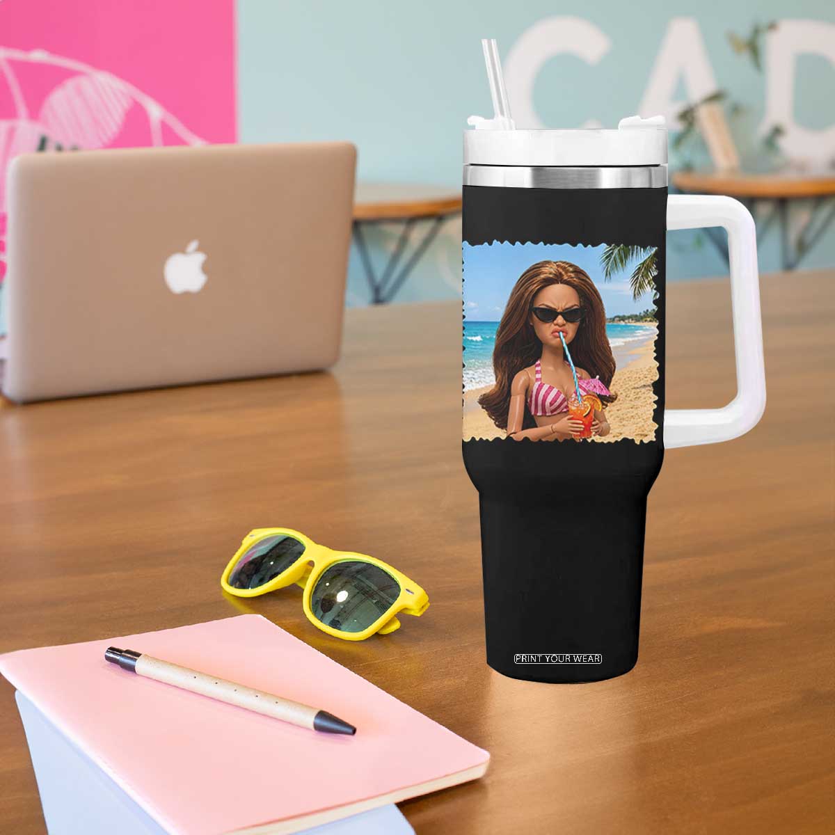 Funny Summer Doll Face Meme Tumbler With Handle Tropical Beach Party Graphic TS12 Print Your Wear