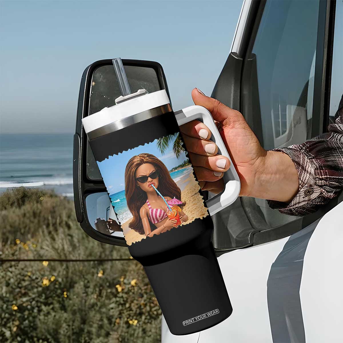 Funny Summer Doll Face Meme Tumbler With Handle Tropical Beach Party Graphic TS12 Print Your Wear