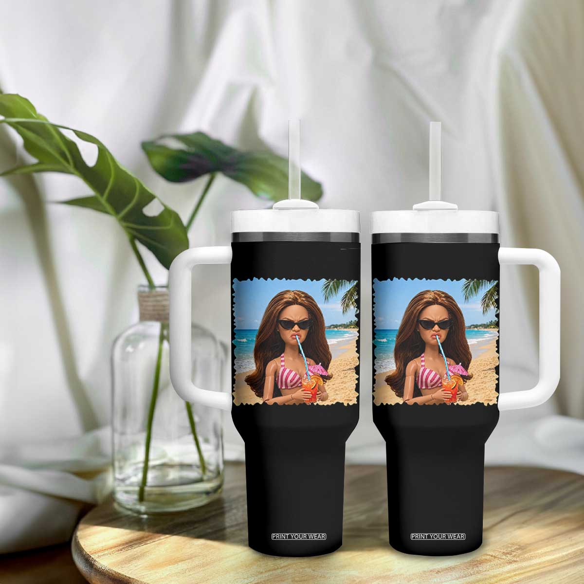 Funny Summer Doll Face Meme Tumbler With Handle Tropical Beach Party Graphic TS12 Print Your Wear