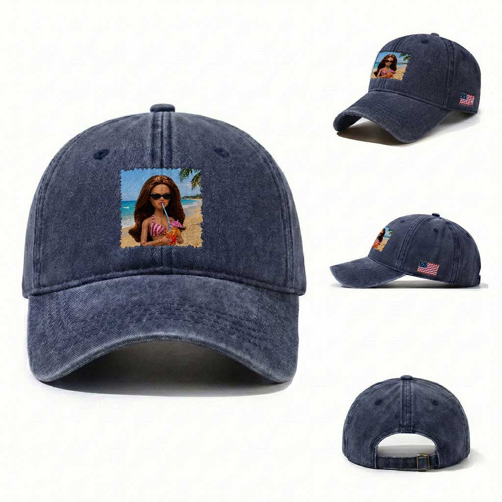 Funny Summer Doll Face Meme Washed Cotton Baseball Cap Tropical Beach Party Graphic TS12 Washed Cap Universal Fit Navy Print Your Wear