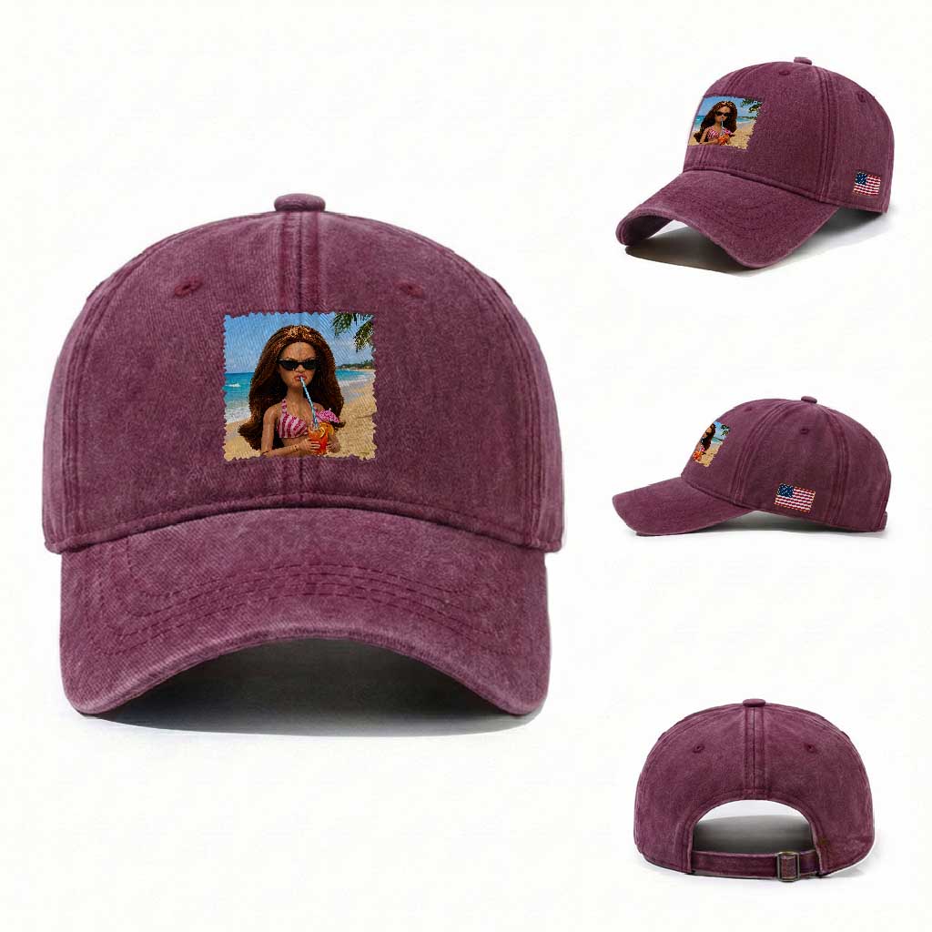 Funny Summer Doll Face Meme Washed Cotton Baseball Cap Tropical Beach Party Graphic TS12 Washed Cap Universal Fit Burgundy Print Your Wear