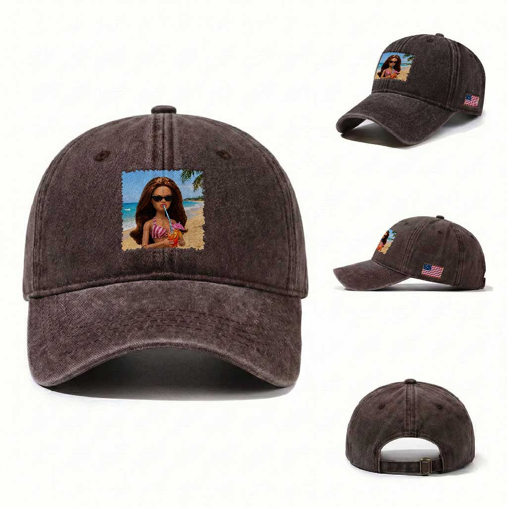 Funny Summer Doll Face Meme Washed Cotton Baseball Cap Tropical Beach Party Graphic TS12 Washed Cap Universal Fit Dark Brown Print Your Wear