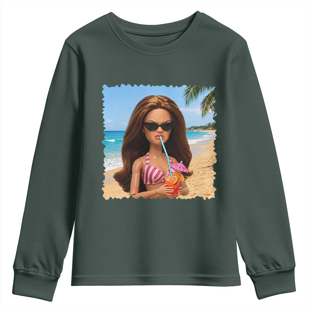 Funny Summer Doll Face Meme Youth Sweatshirt Tropical Beach Party Graphic TS12 Dark Forest Green Print Your Wear