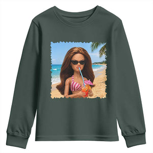Funny Summer Doll Face Meme Youth Sweatshirt Tropical Beach Party Graphic TS12 Dark Forest Green Print Your Wear