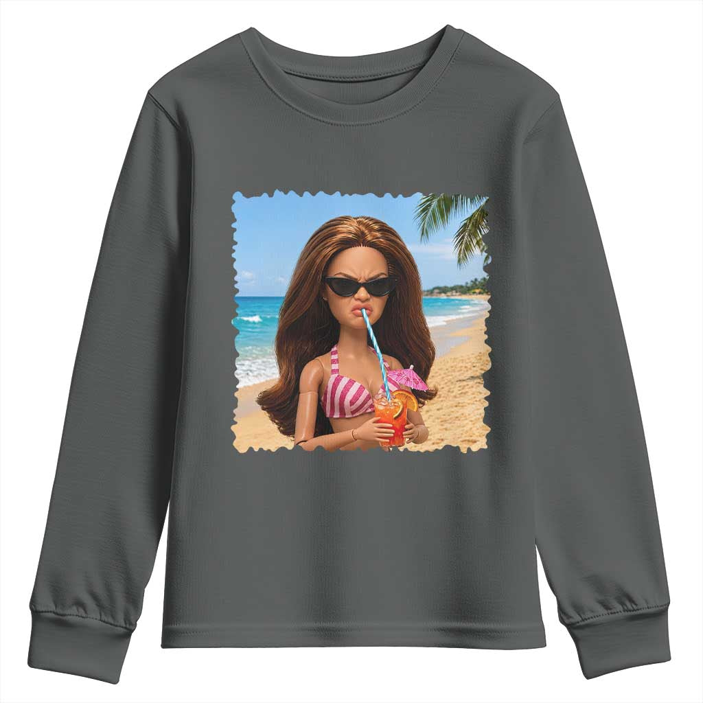 Funny Summer Doll Face Meme Youth Sweatshirt Tropical Beach Party Graphic TS12 Dark Heather Print Your Wear