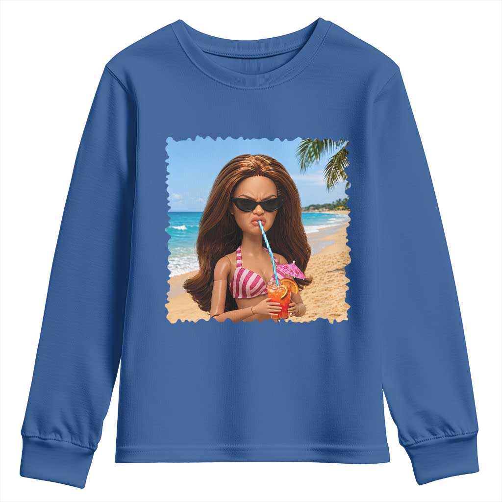 Funny Summer Doll Face Meme Youth Sweatshirt Tropical Beach Party Graphic TS12 Royal Blue Print Your Wear