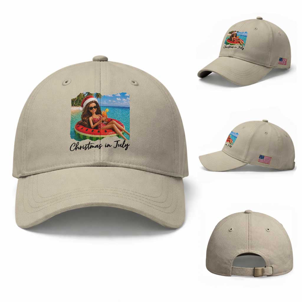 Christmas In July Tropical Doll Face Meme Baseball Cap Summer Vacation Graphic TS12 Baseball Cap Universal Fit Beige Print Your Wear