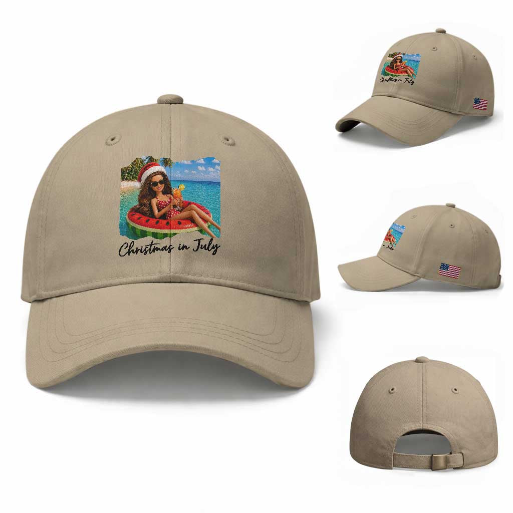 Christmas In July Tropical Doll Face Meme Baseball Cap Summer Vacation Graphic TS12 Baseball Cap Universal Fit Khaki Print Your Wear