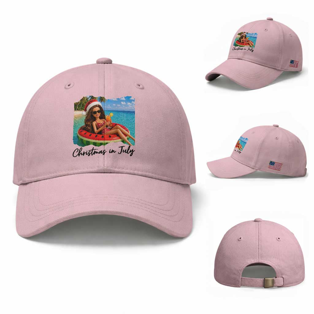 Christmas In July Tropical Doll Face Meme Baseball Cap Summer Vacation Graphic TS12 Baseball Cap Universal Fit Light Pink Print Your Wear