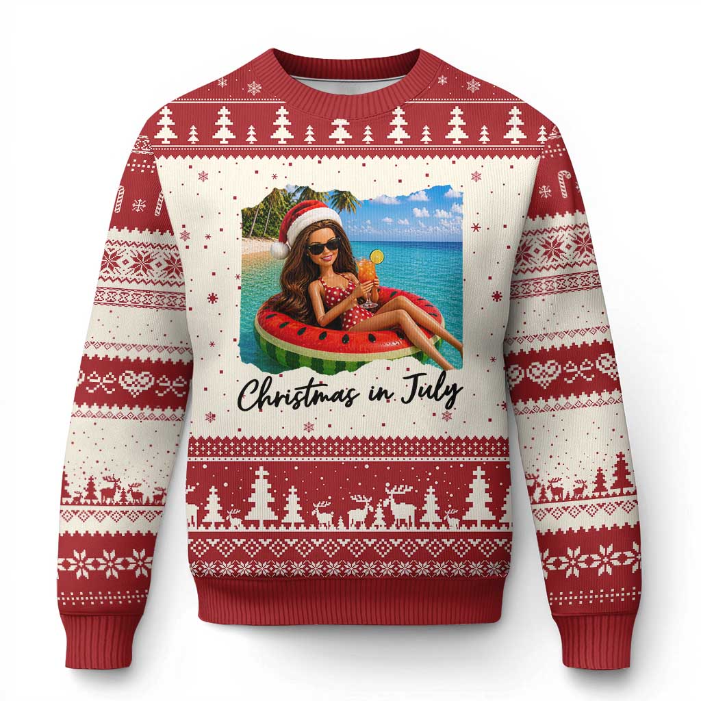 Christmas In July Tropical Doll Face Meme Ugly Christmas Sweater Summer Vacation Graphic TS12 Beige Red Print Your Wear