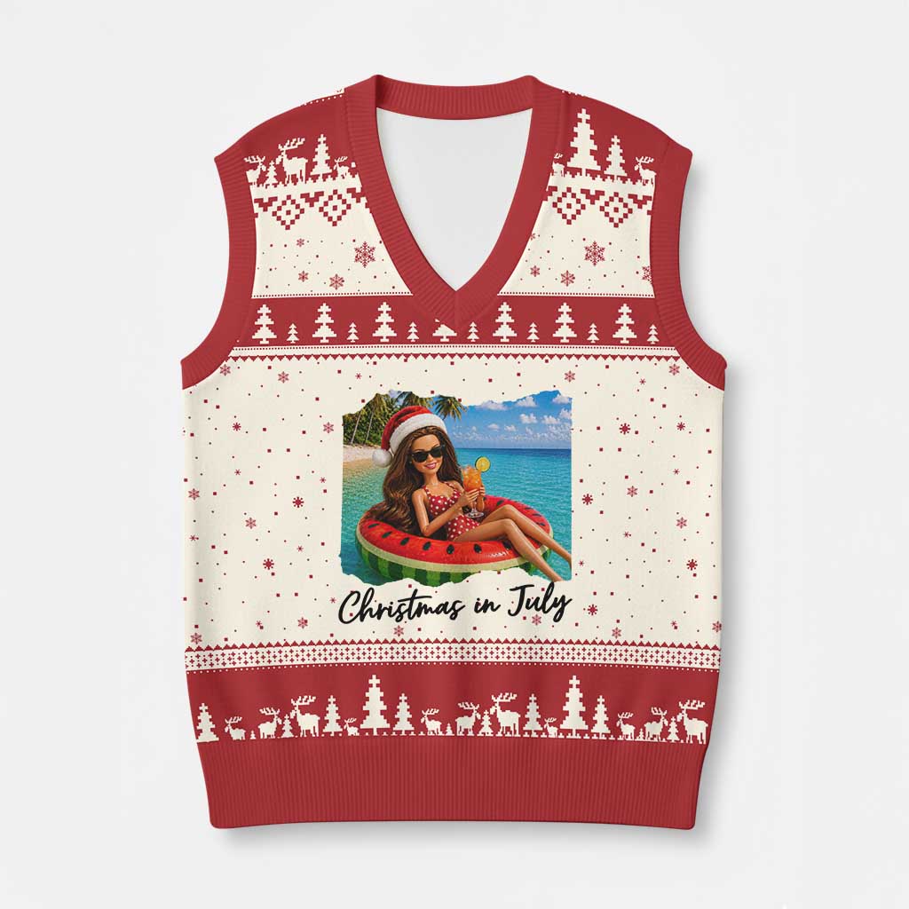 Christmas In July Tropical Doll Face Meme V-Neck Knit Sweater Vest Summer Vacation Graphic TS12 Beige Red Print Your Wear