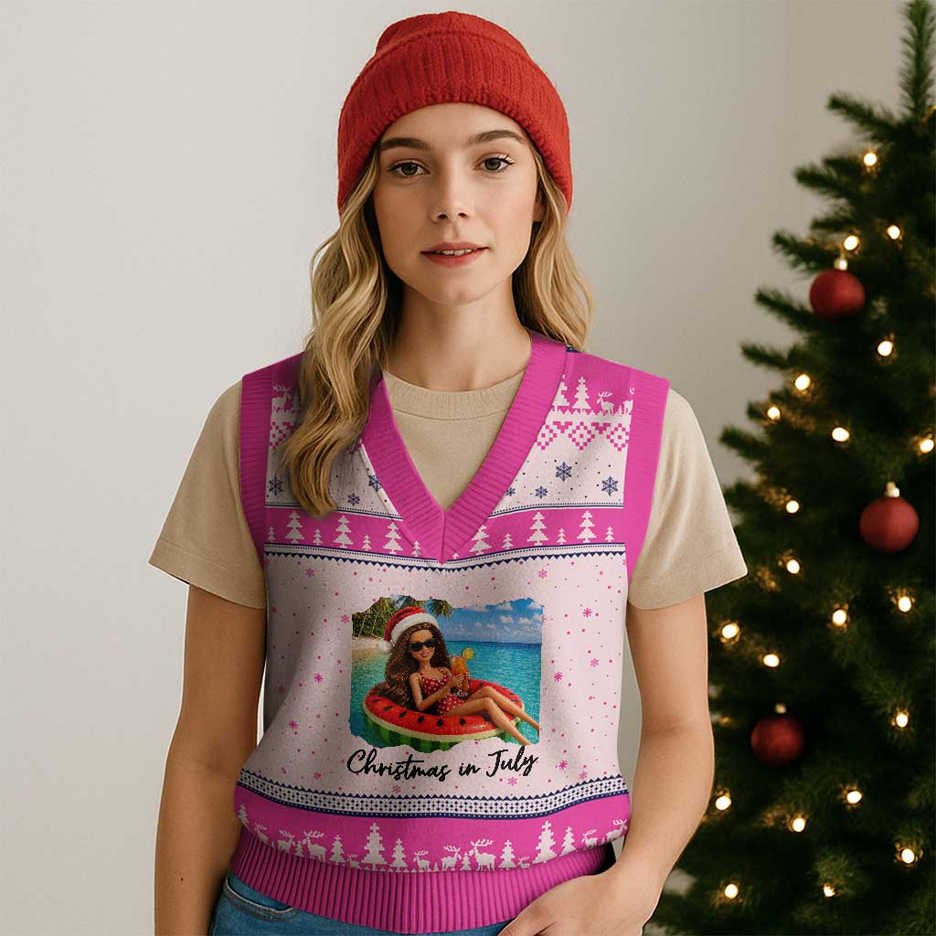 Christmas In July Tropical Doll Face Meme V-Neck Knit Sweater Vest Summer Vacation Graphic TS12 Hot Pink Print Your Wear