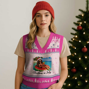 Christmas In July Tropical Doll Face Meme V-Neck Knit Sweater Vest Summer Vacation Graphic TS12 Hot Pink Print Your Wear