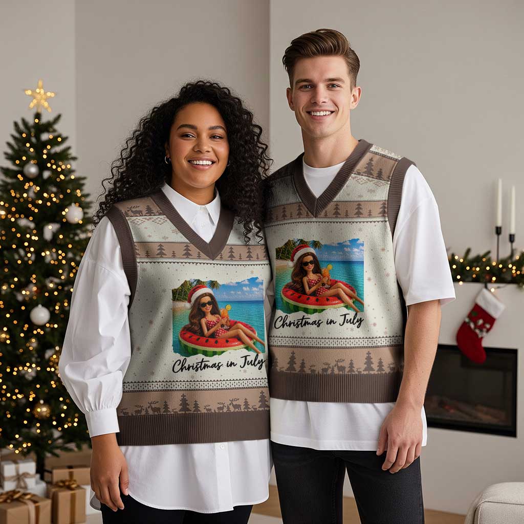 Christmas In July Tropical Doll Face Meme V-Neck Knit Sweater Vest Summer Vacation Graphic TS12 Mocha Mousse Print Your Wear
