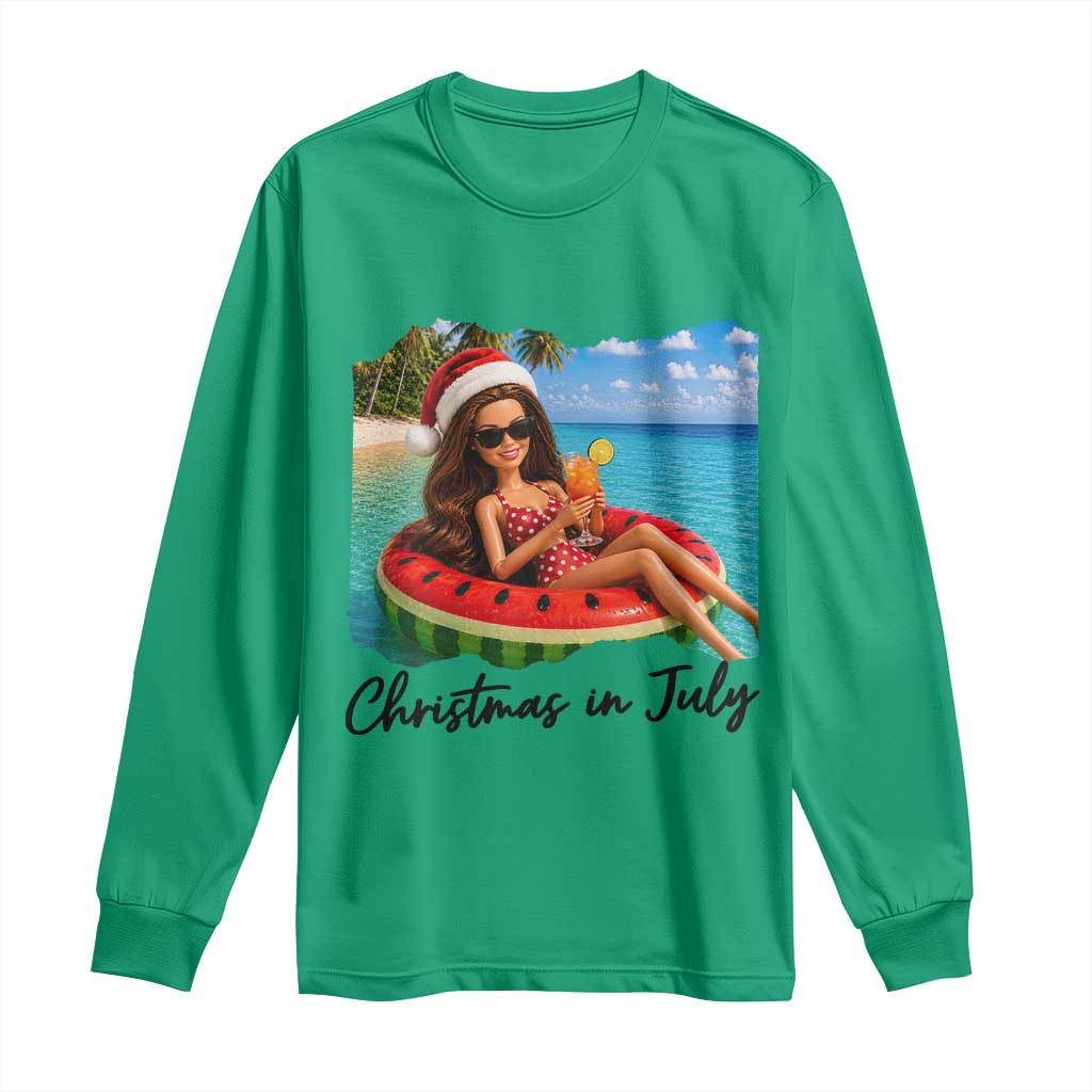 Christmas In July Tropical Doll Face Meme Long Sleeve Shirt Summer Vacation Graphic TS12 Irish Green Print Your Wear