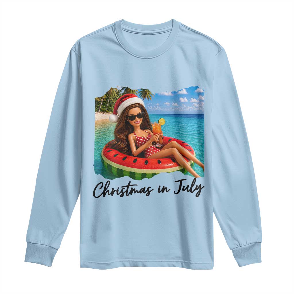 Christmas In July Tropical Doll Face Meme Long Sleeve Shirt Summer Vacation Graphic TS12 Light Blue Print Your Wear