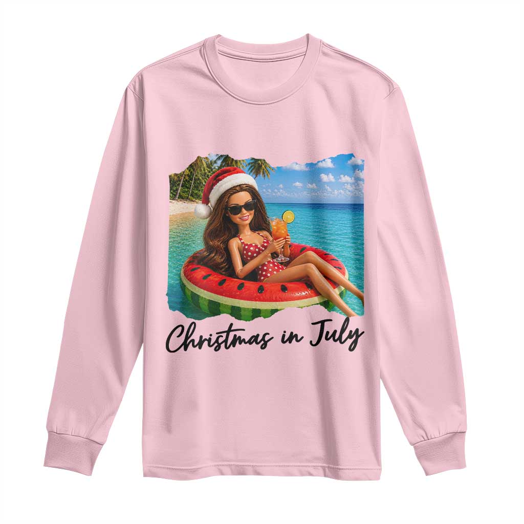 Christmas In July Tropical Doll Face Meme Long Sleeve Shirt Summer Vacation Graphic TS12 Light Pink Print Your Wear