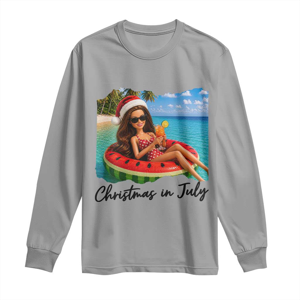 Christmas In July Tropical Doll Face Meme Long Sleeve Shirt Summer Vacation Graphic TS12 Sport Gray Print Your Wear