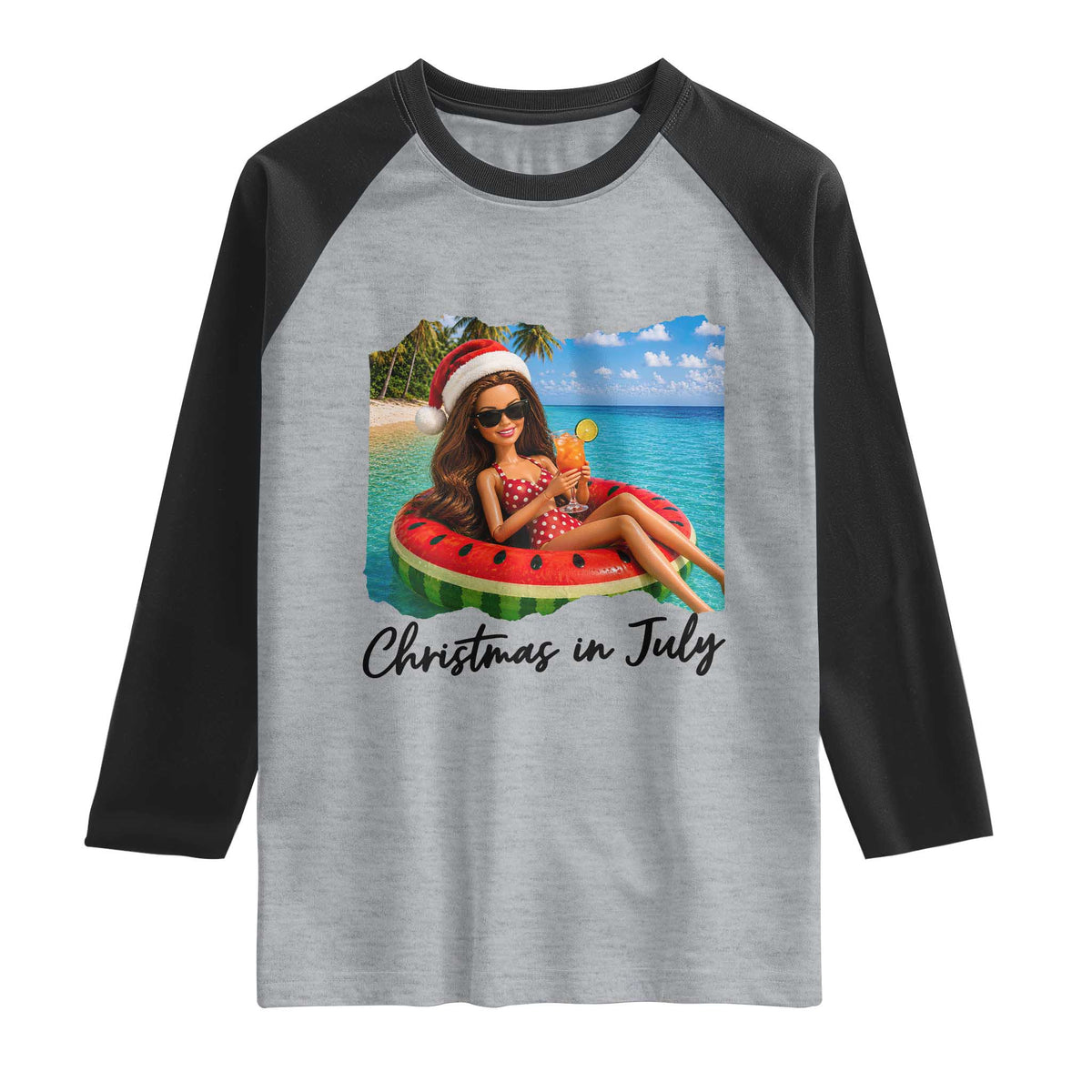 Christmas In July Tropical Doll Face Meme Raglan Shirt Summer Vacation Graphic TS12 Heather Gray Black Print Your Wear