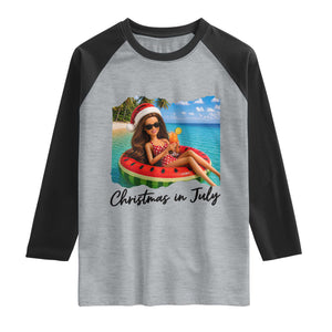 Christmas In July Tropical Doll Face Meme Raglan Shirt Summer Vacation Graphic TS12 Heather Gray Black Print Your Wear