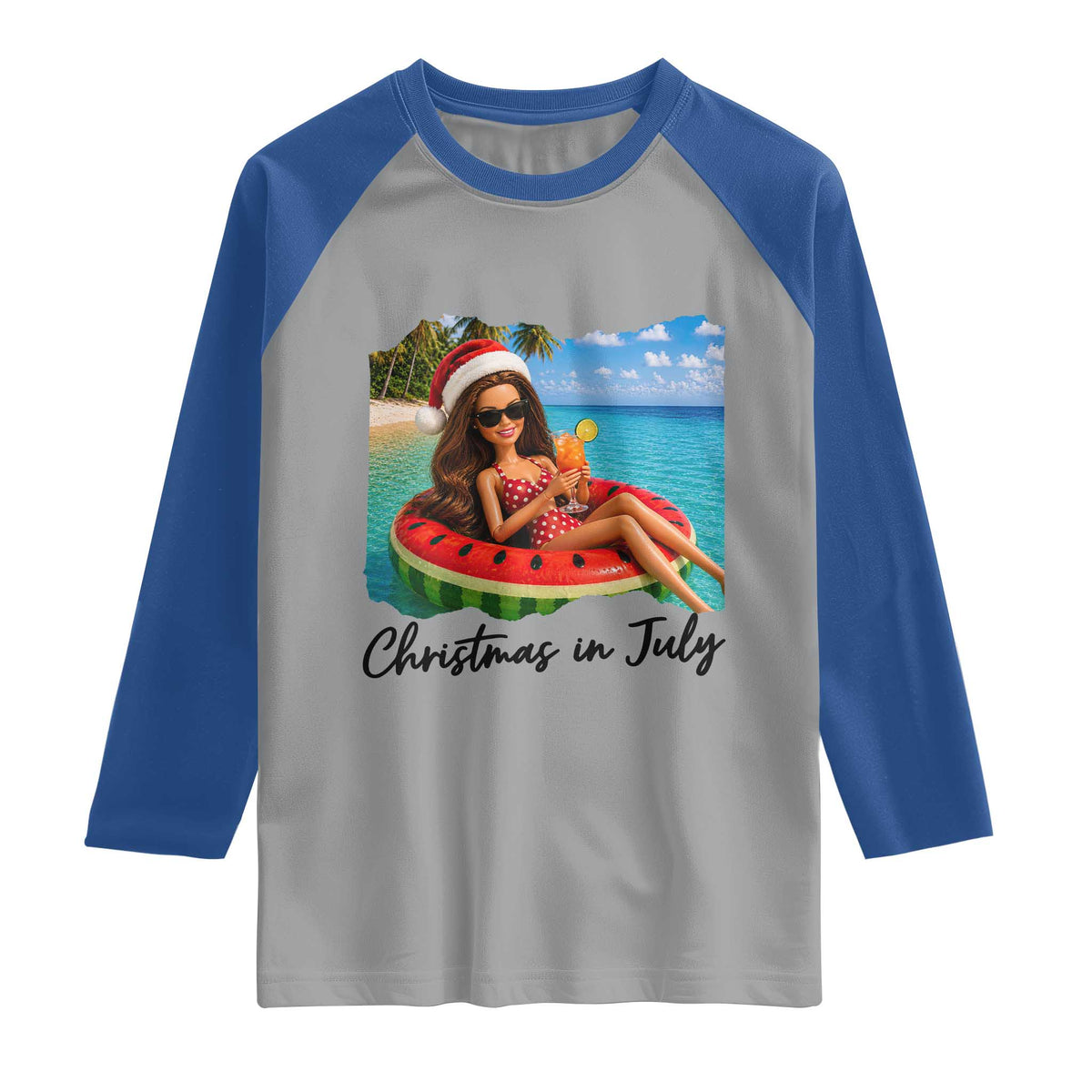 Christmas In July Tropical Doll Face Meme Raglan Shirt Summer Vacation Graphic TS12 Sport Gray Royal Print Your Wear