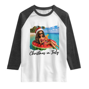Christmas In July Tropical Doll Face Meme Raglan Shirt Summer Vacation Graphic TS12 White Heather Charcoal Print Your Wear