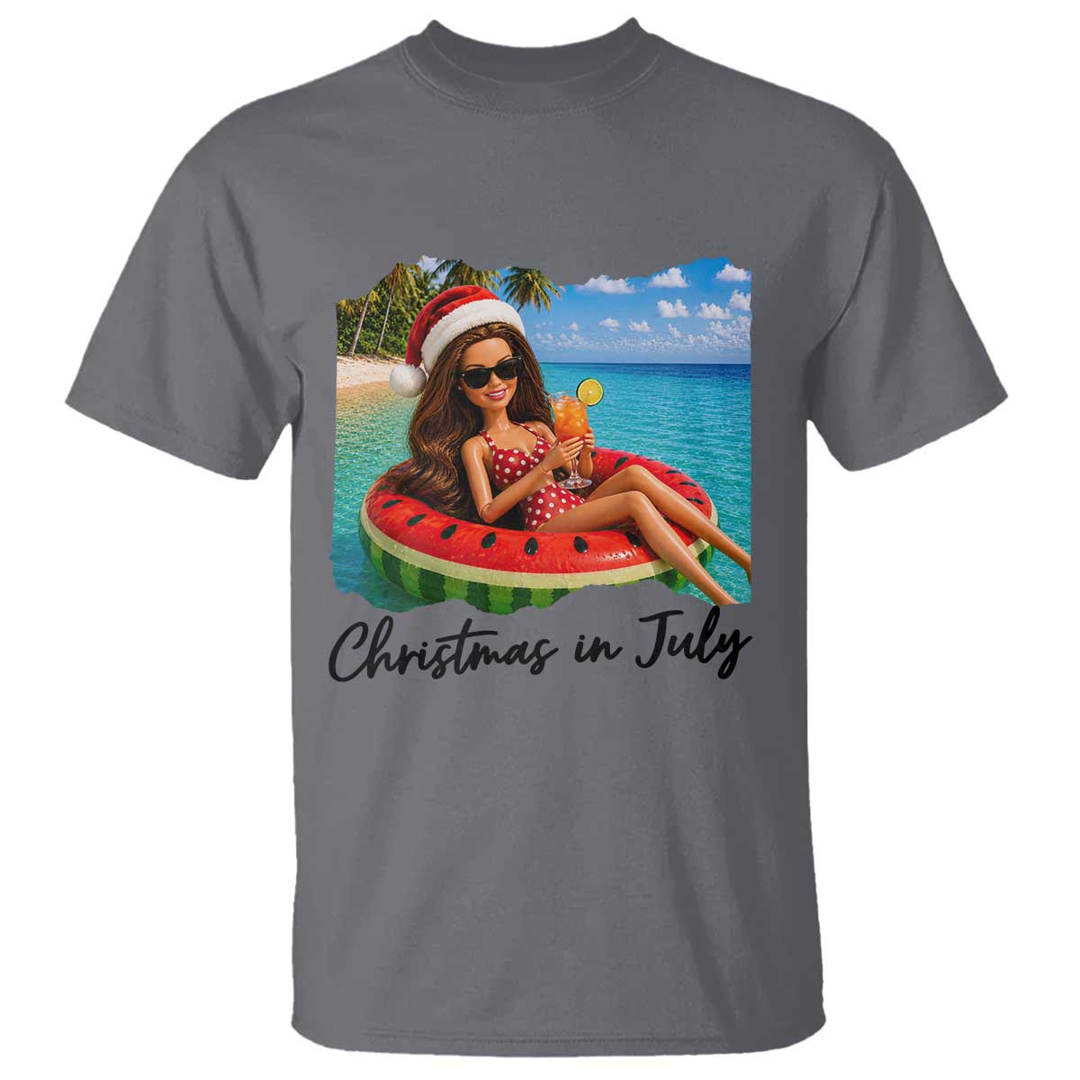 Christmas In July Tropical Doll Face Meme T Shirt Summer Vacation Graphic TS12 Charcoal Print Your Wear