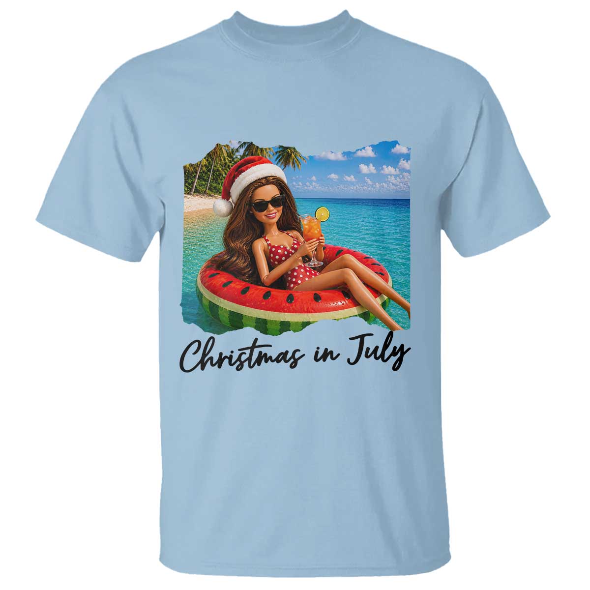 Christmas In July Tropical Doll Face Meme T Shirt Summer Vacation Graphic TS12 Light Blue Print Your Wear
