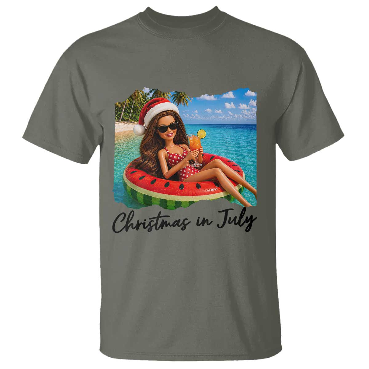 Christmas In July Tropical Doll Face Meme T Shirt Summer Vacation Graphic TS12 Military Green Print Your Wear