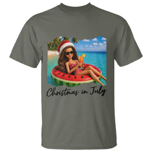 Christmas In July Tropical Doll Face Meme T Shirt Summer Vacation Graphic TS12 Military Green Print Your Wear