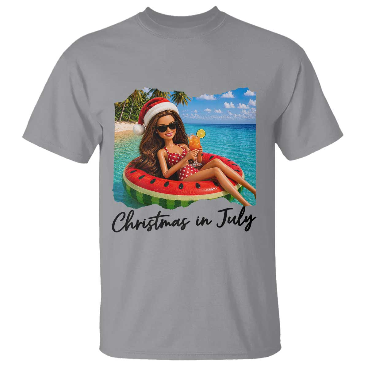 Christmas In July Tropical Doll Face Meme T Shirt Summer Vacation Graphic TS12 Sport Gray Print Your Wear