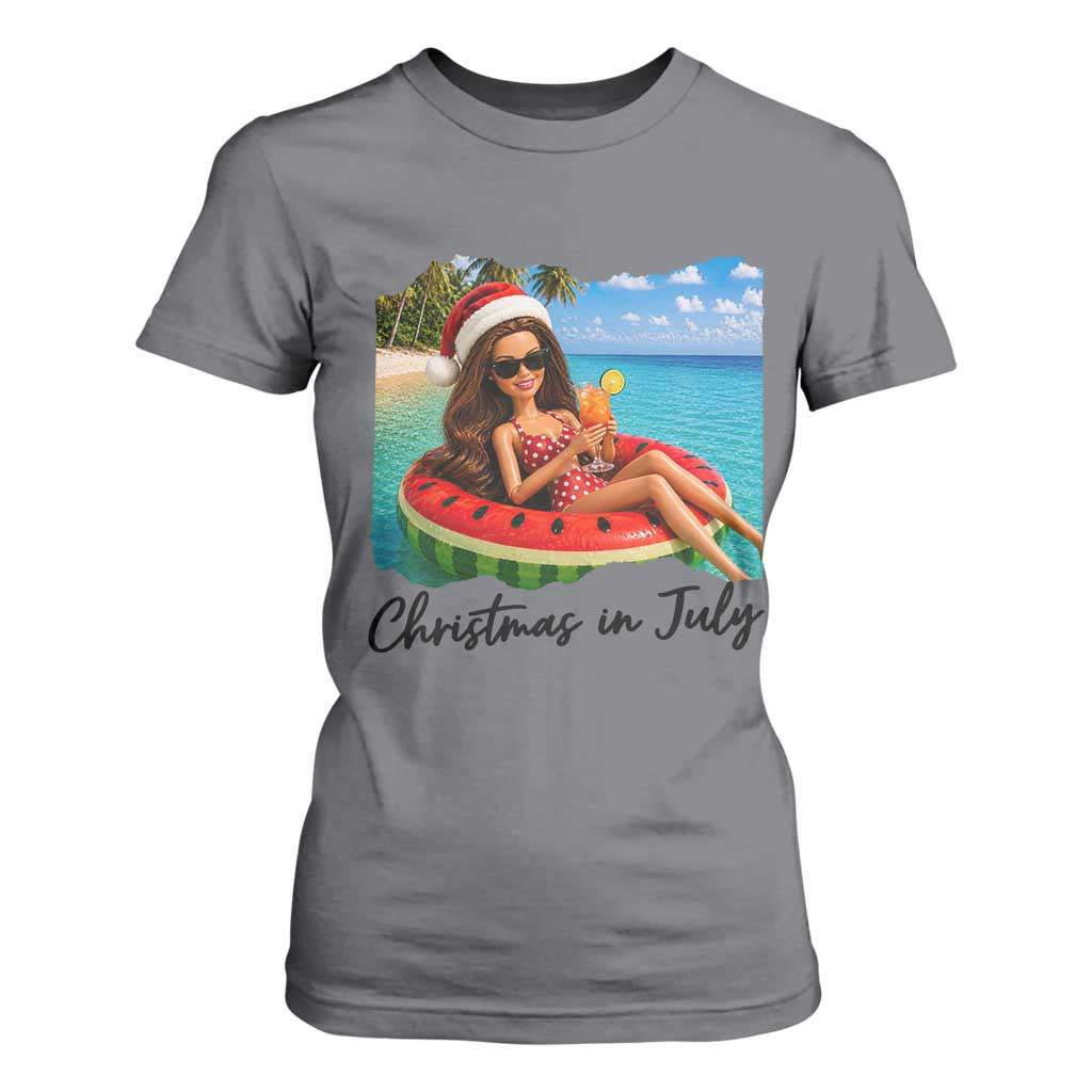 Christmas In July Tropical Doll Face Meme T Shirt For Women Summer Vacation Graphic TS12 Charcoal Print Your Wear