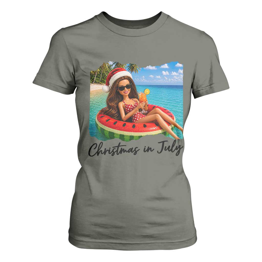 Christmas In July Tropical Doll Face Meme T Shirt For Women Summer Vacation Graphic TS12 Military Green Print Your Wear
