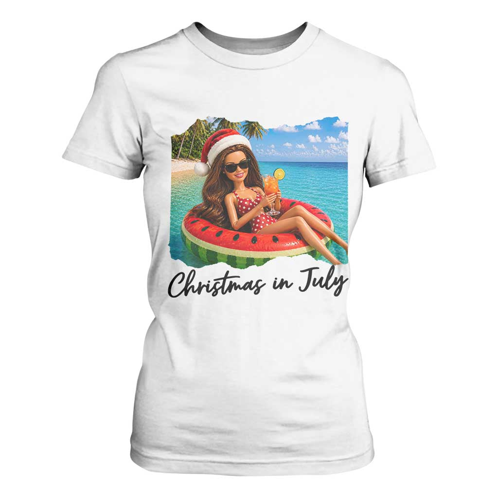 Christmas In July Tropical Doll Face Meme T Shirt For Women Summer Vacation Graphic TS12 White Print Your Wear