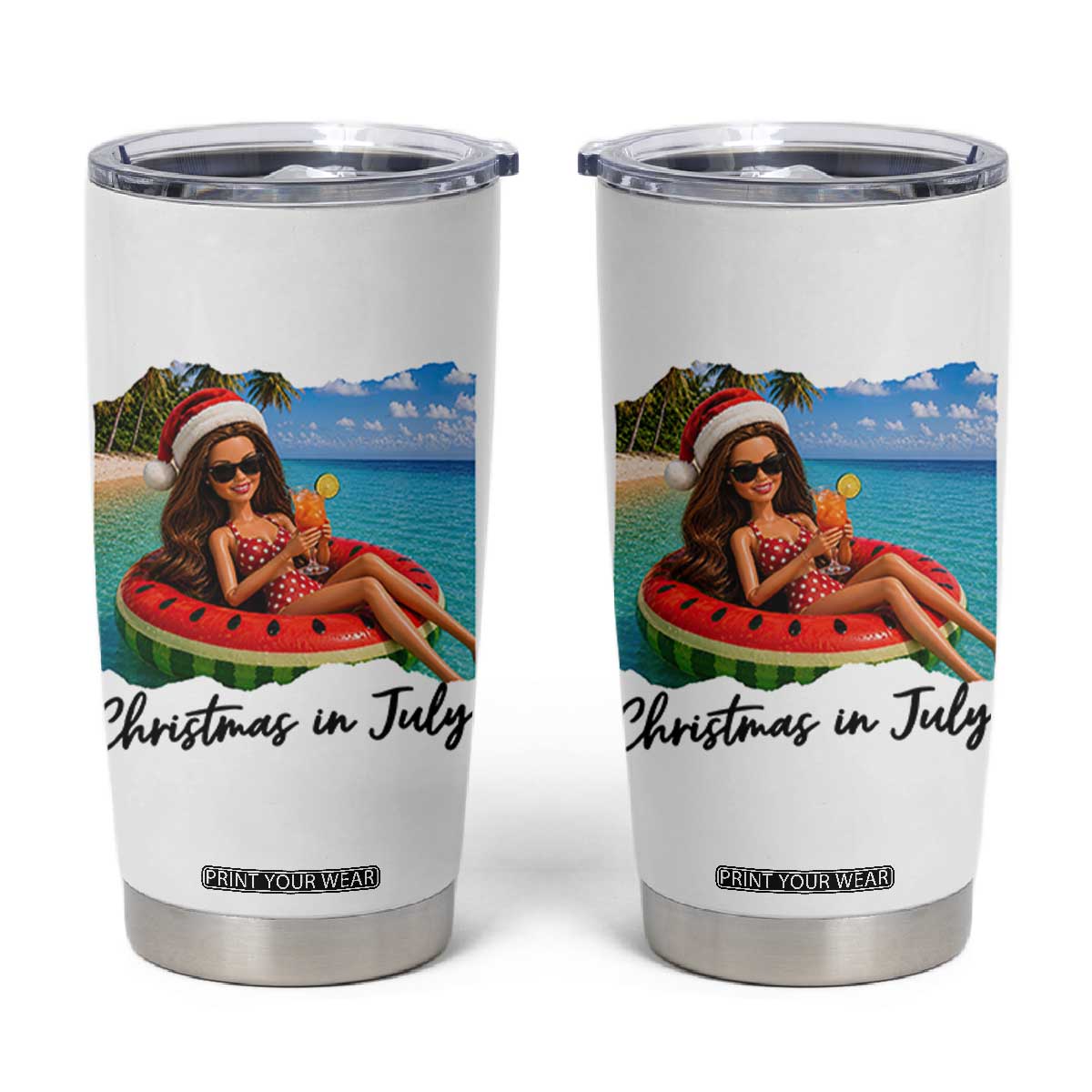 Christmas In July Tropical Doll Face Meme Tumbler Cup Summer Vacation Graphic TS12 White Print Your Wear