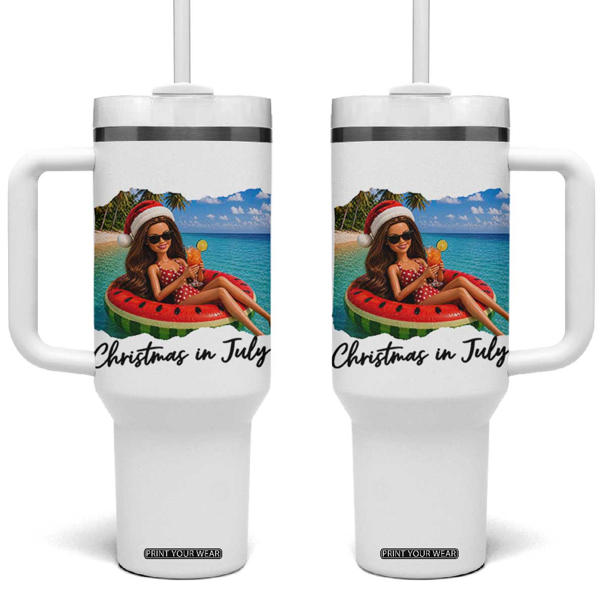 Christmas In July Tropical Doll Face Meme Tumbler With Handle Summer Vacation Graphic TS12 One Size: 40 oz White Print Your Wear