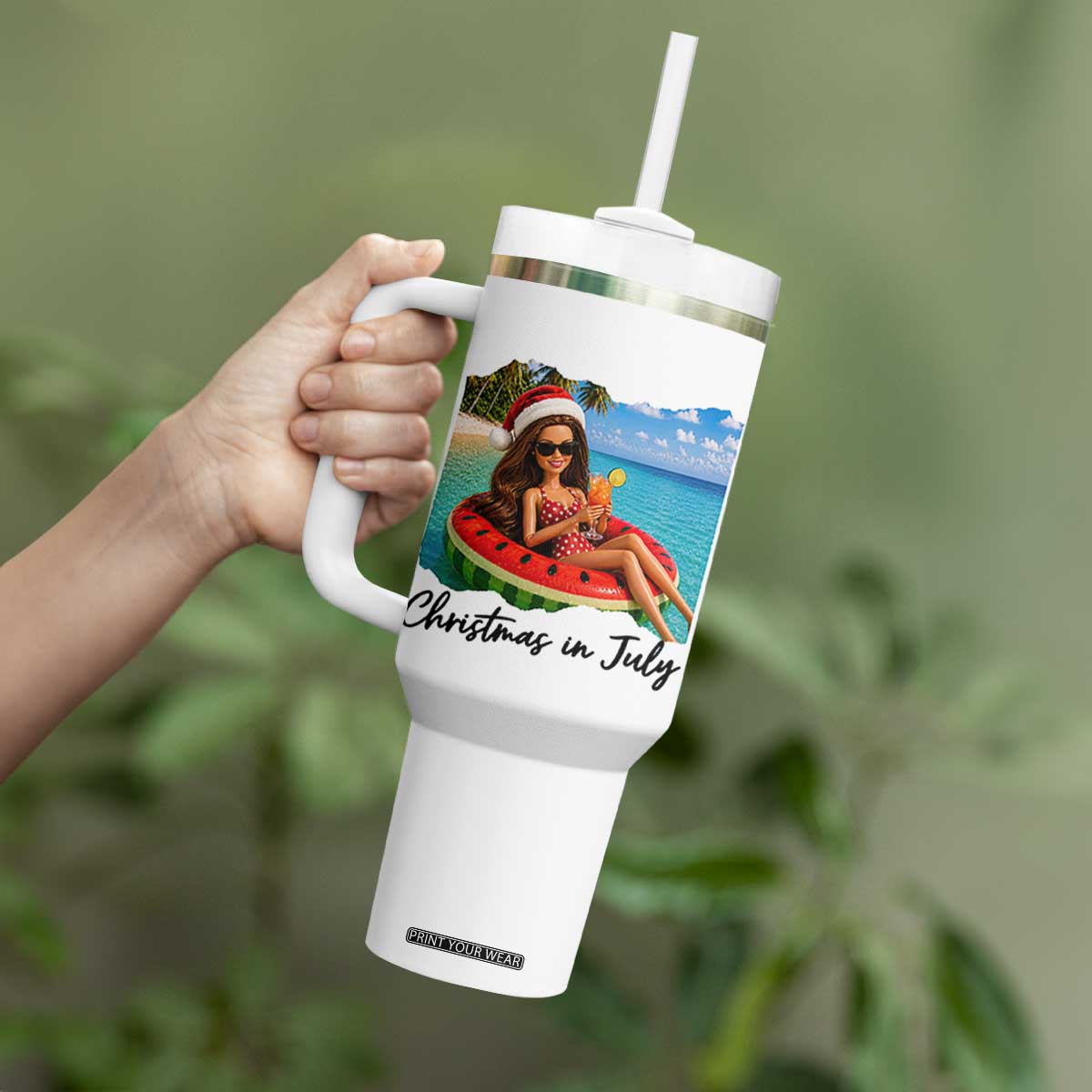 Christmas In July Tropical Doll Face Meme Tumbler With Handle Summer Vacation Graphic TS12 Print Your Wear