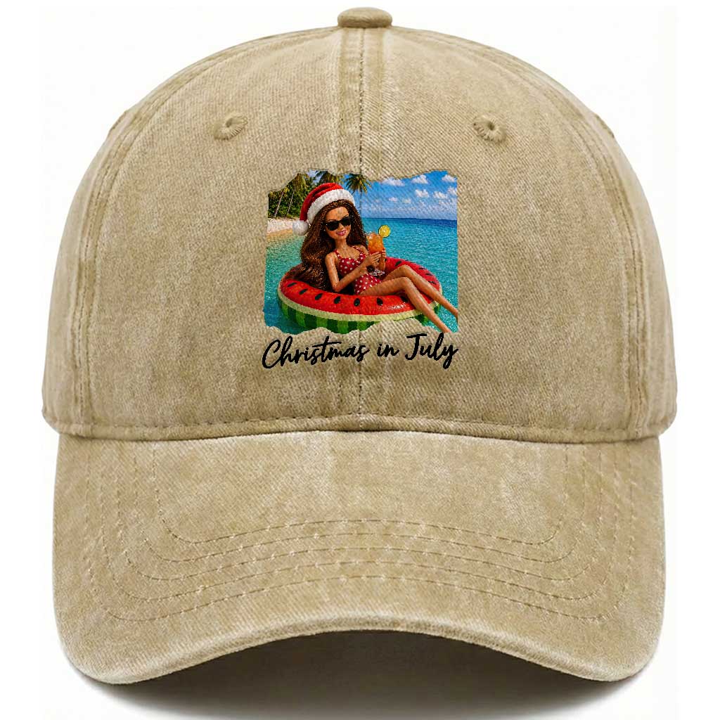 Christmas In July Tropical Doll Face Meme Washed Cotton Baseball Cap Summer Vacation Graphic TS12 Print Your Wear