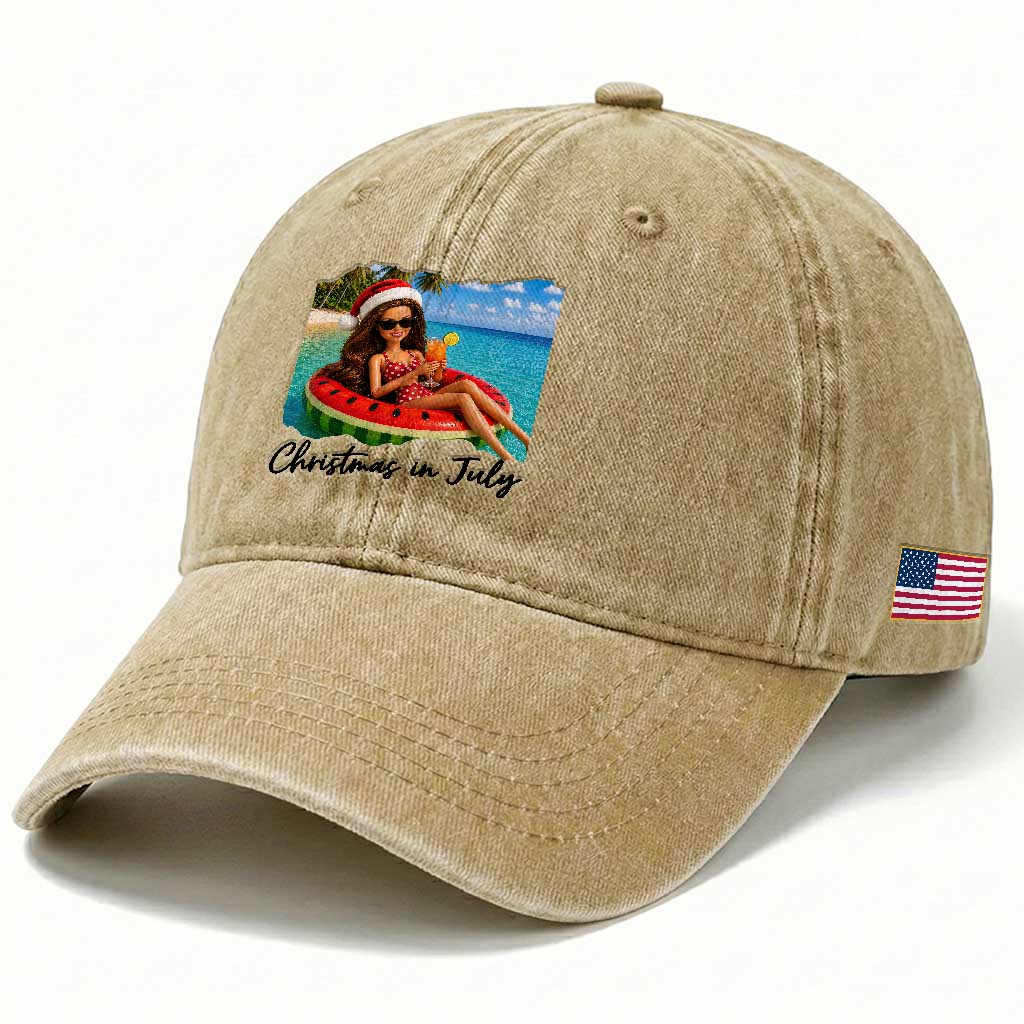 Christmas In July Tropical Doll Face Meme Washed Cotton Baseball Cap Summer Vacation Graphic TS12 Print Your Wear