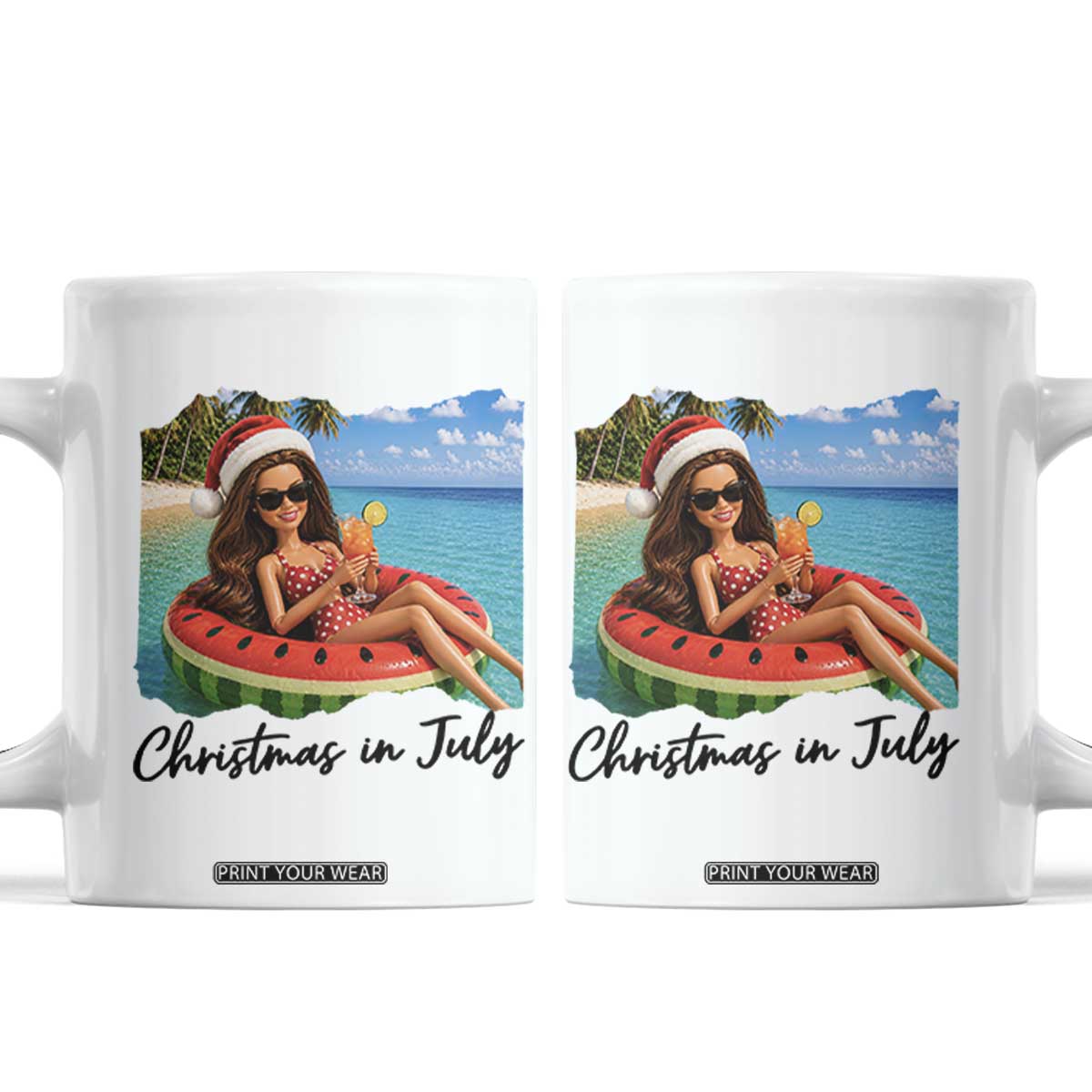 Christmas In July Tropical Doll Face Meme Coffee Mug Summer Vacation Graphic