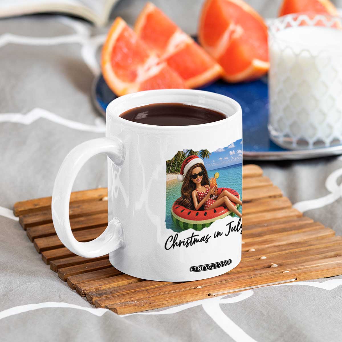 Christmas In July Tropical Doll Face Meme Coffee Mug Summer Vacation Graphic