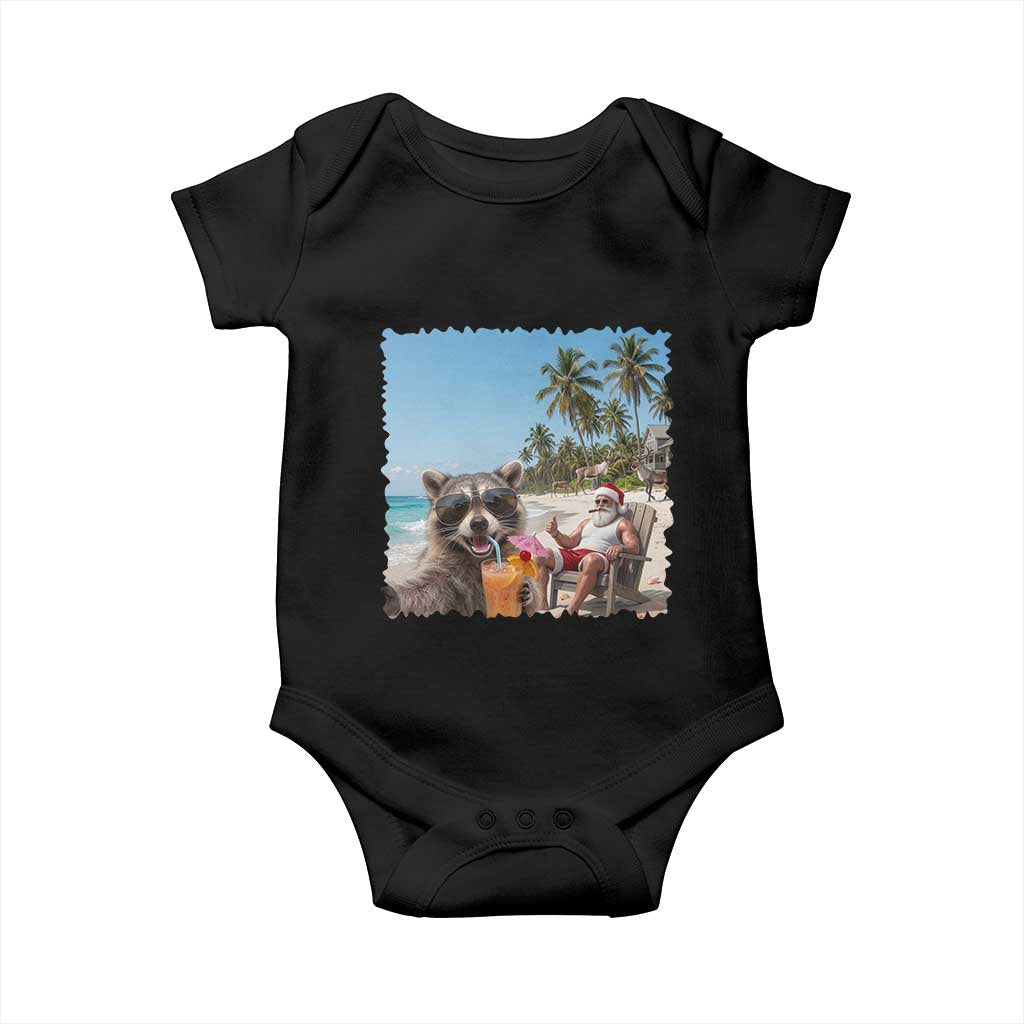 Christmas In July Raccoon And Santa Baby Onesie Tropical Summer Vacation Graphic TS12 Black Print Your Wear